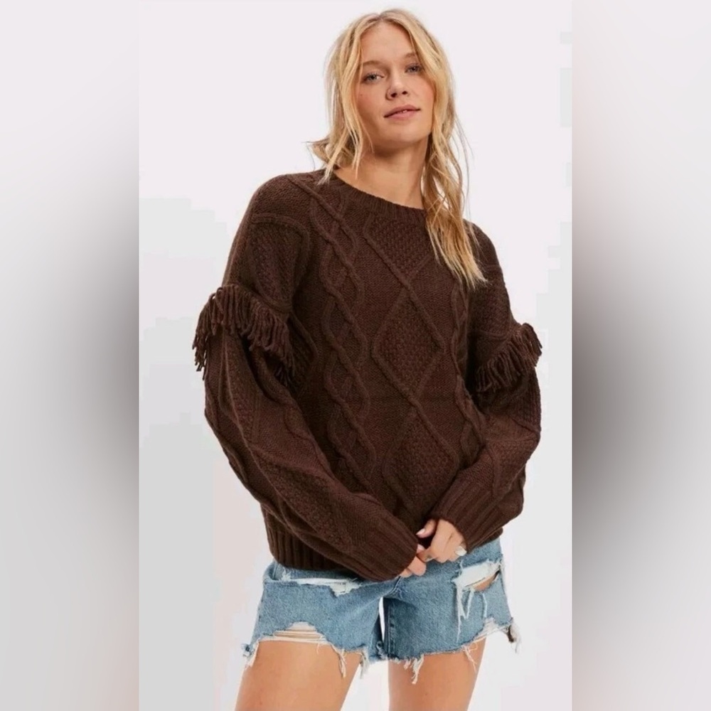 American Eagle Chocolate Brown‎ Chunky Fisherman’s Knit Fringe Sweater Western